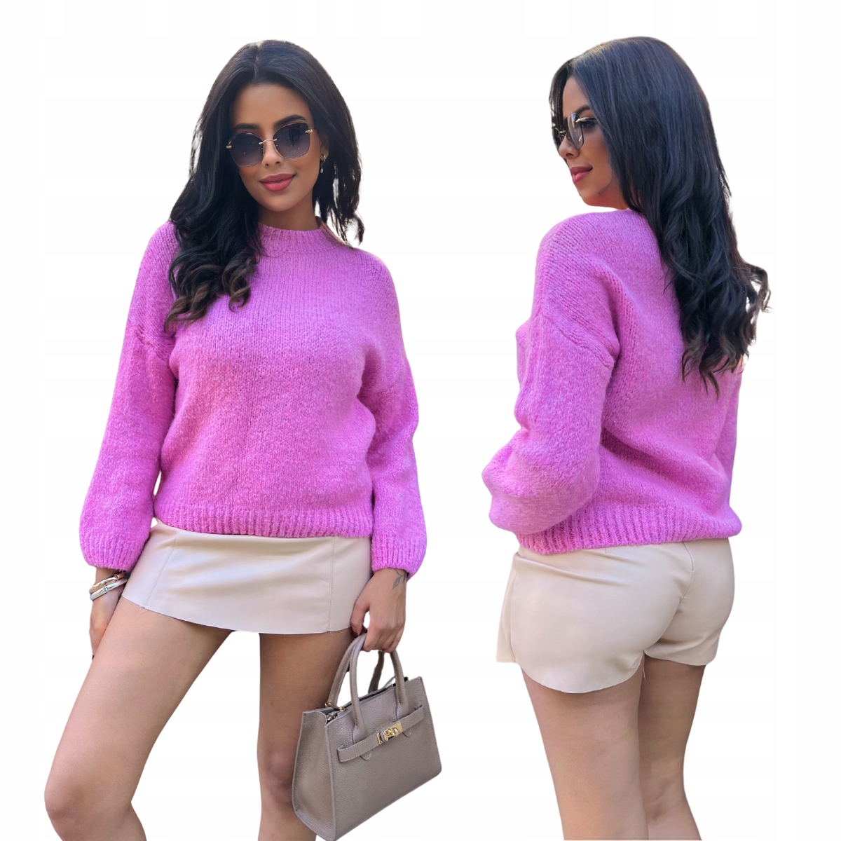 Cukrový svetr růžový teplý Martines s manžetami kulatý výstřih One size