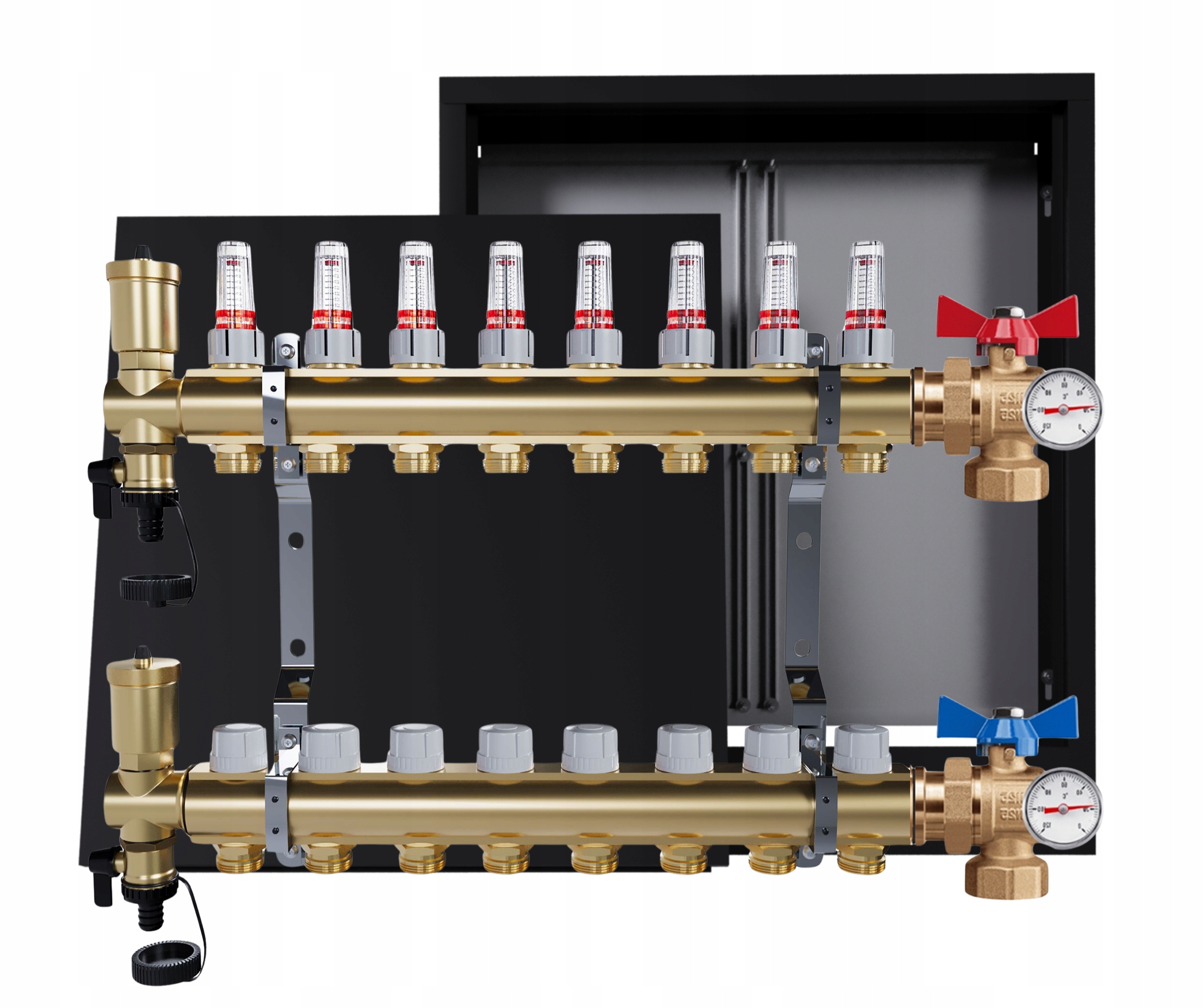 Rozdělovač Pro Podlahu 8 Okruhů Ventily Nástěnná Skříňka Černá