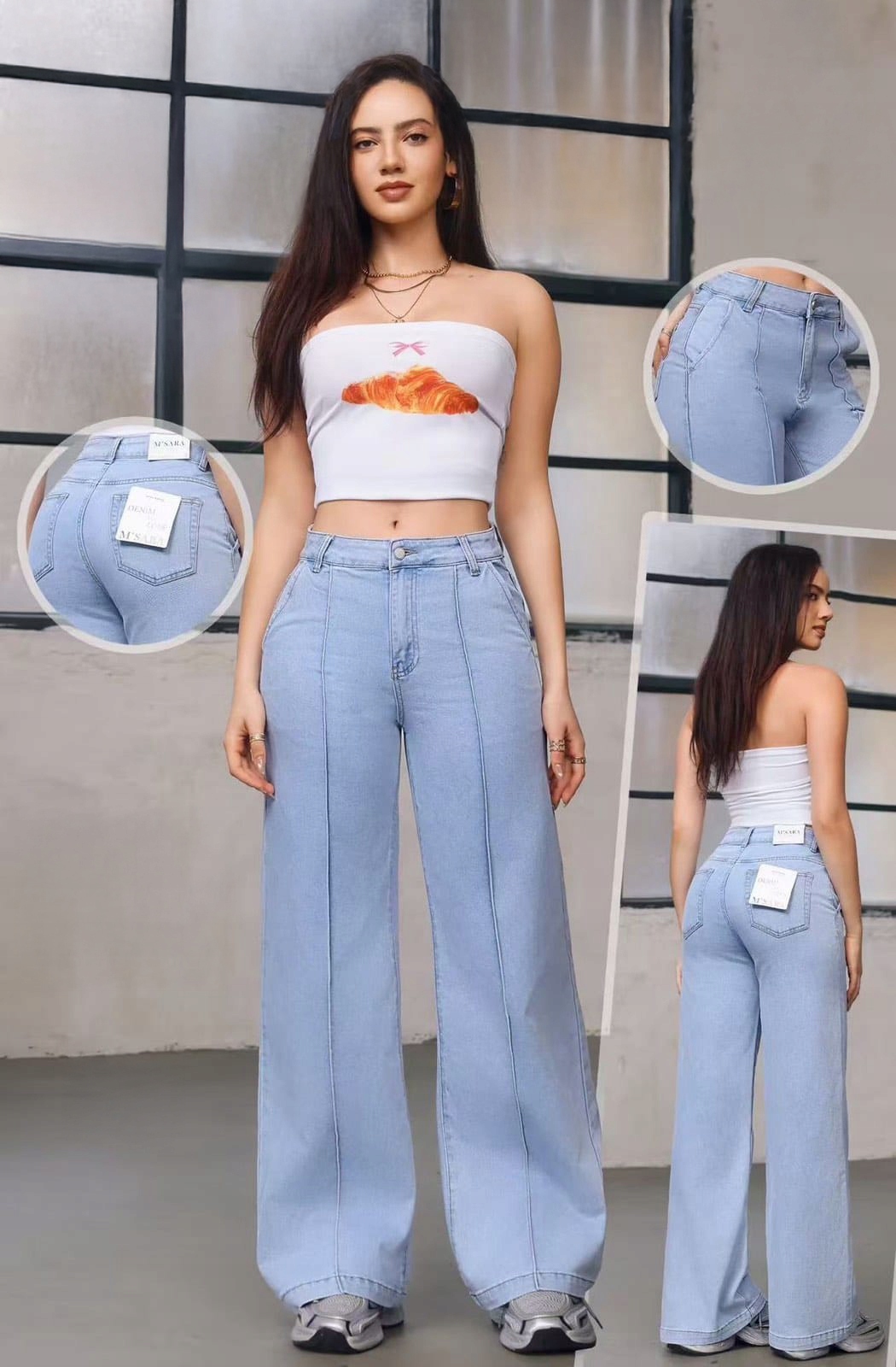 Jeansowe Spodnie szwedy dzwony Jeansy Wide Leg w kant przeszycie