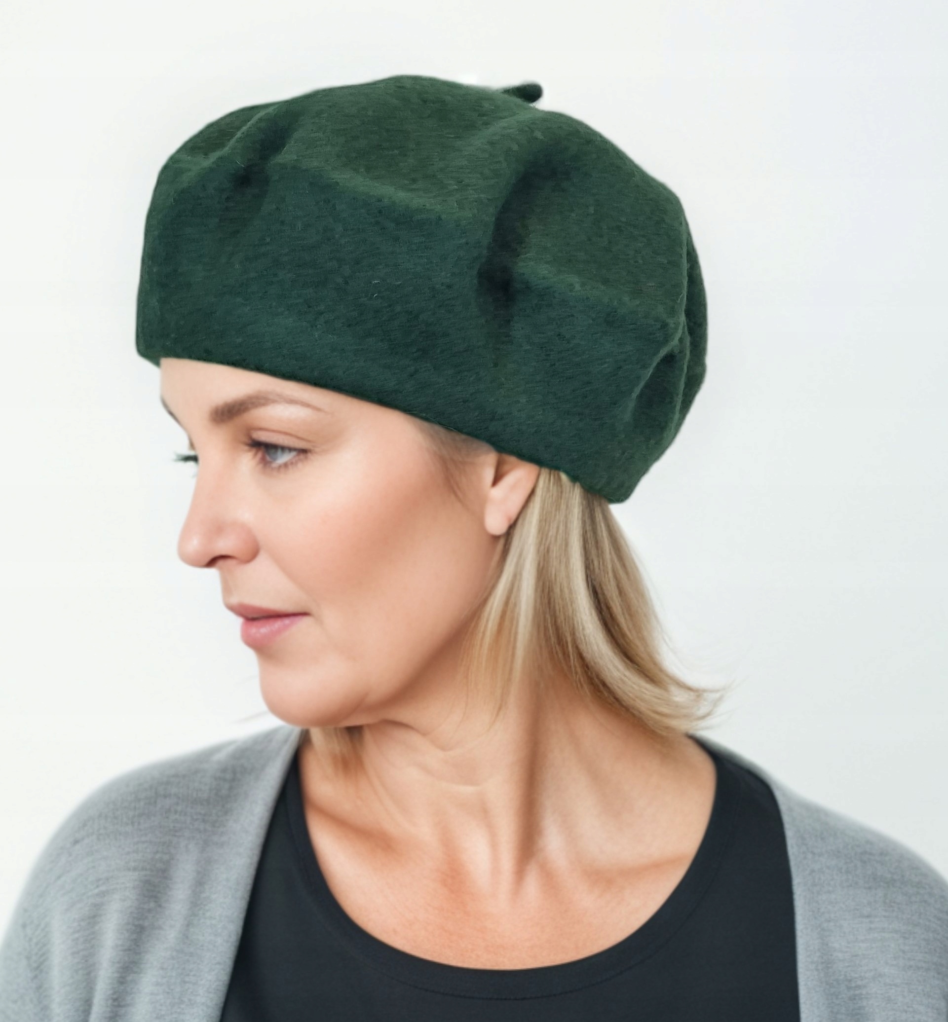 BERET DAMSKI FRANCUSKI Z ANTENKĄ STYLOWY KLASYCZNY butelkowa zieleń Rozmiar uniwersalny