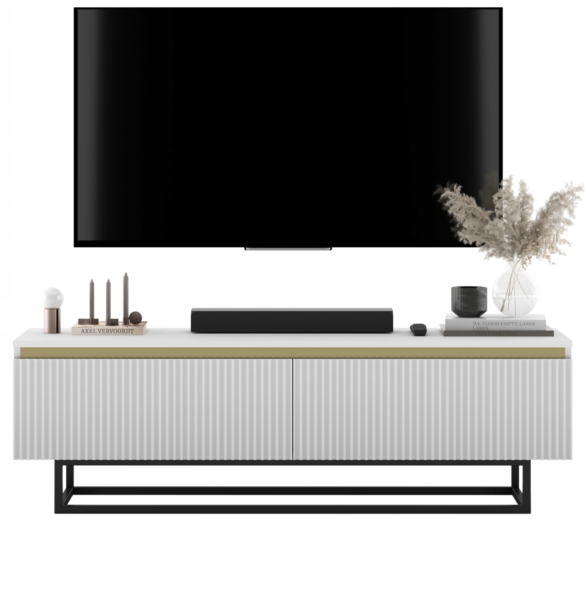 Szafka Rtv Glamour Nowoczesna Komoda Biały Mat rama czarna metalowa 140 cm