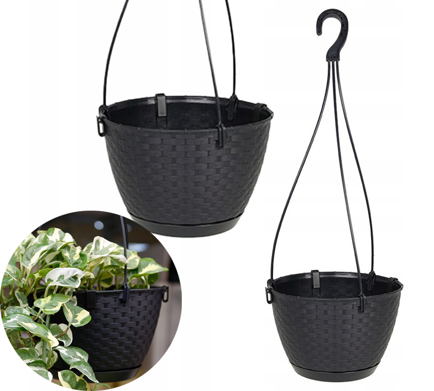 RATANOWA Doniczka wisząca DONICA RATOLLA BALKON TARAS Z WIESZAKIEM ANTRACYT