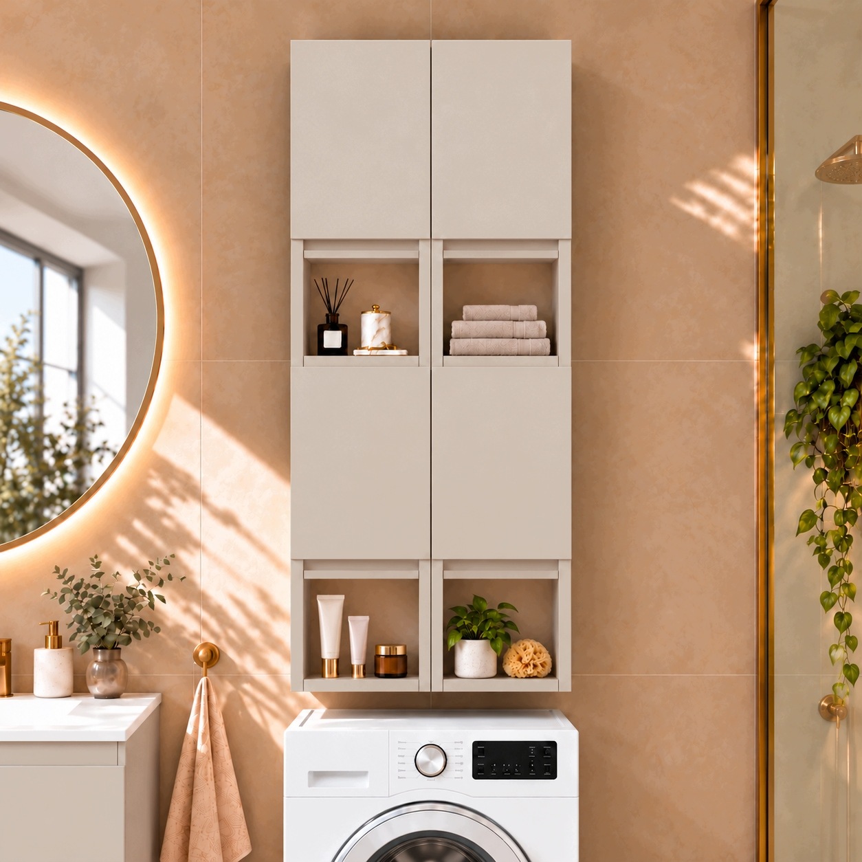 Koupelnová skříňka nad pračku Úzká do koupelny 150x56x25 Závěsná Kašmírová
