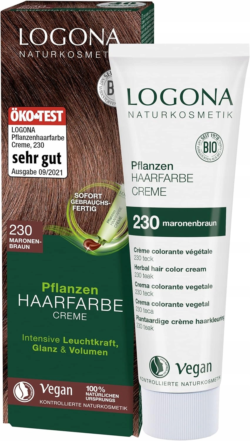Logona Naturkosmetik Roślinna farba do włosów w kremie 230, kasztanowy brąz