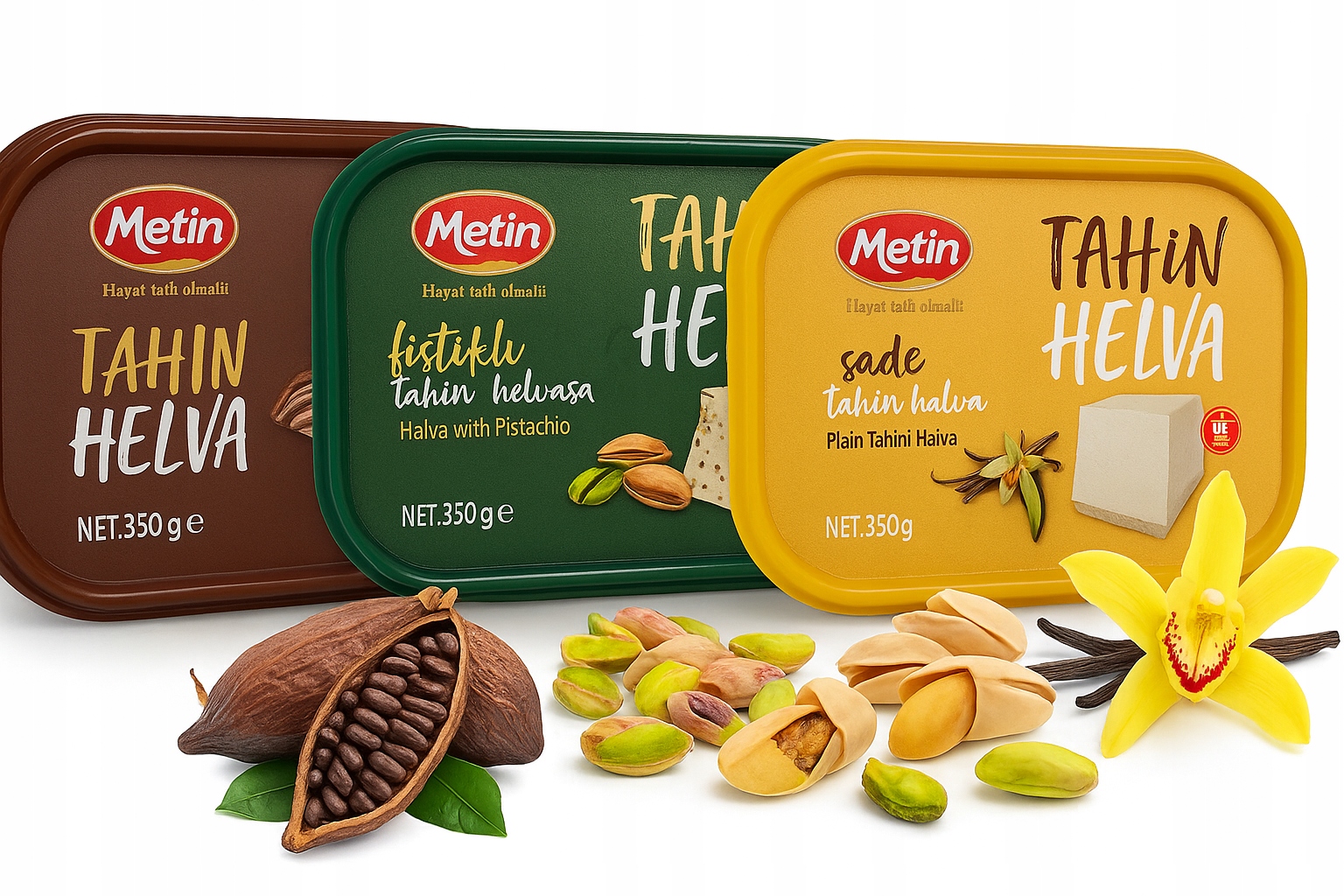 Levně Sada Tři Metin Halva 350g Pistácie Kakako Vanilka Chalva Halva Tahini