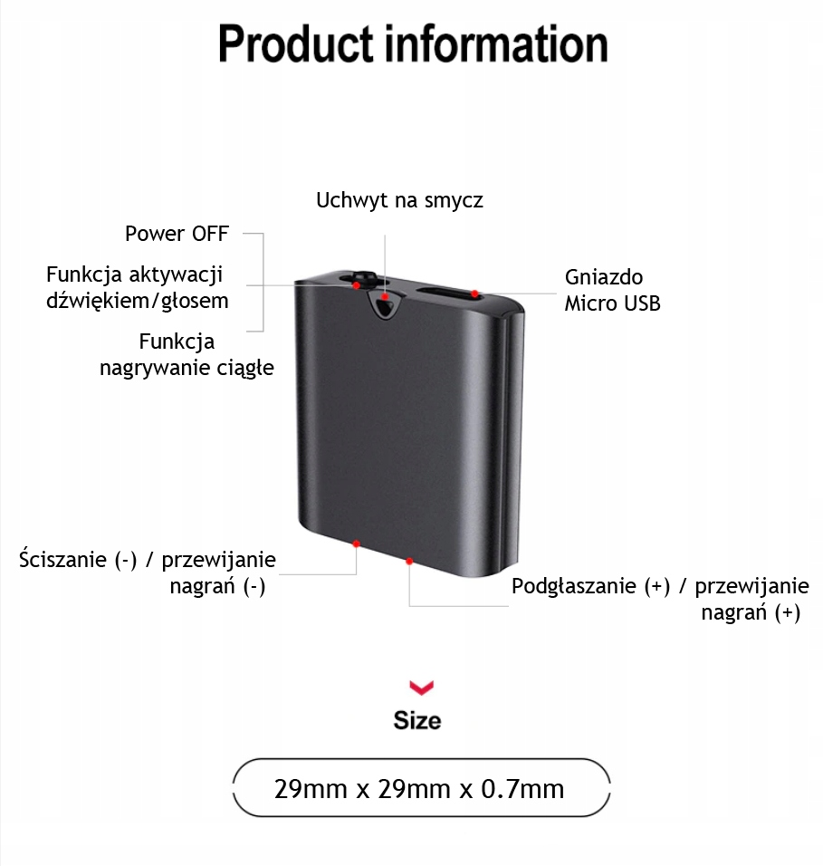 MINI DYKTAFON PENDRIVE URUCHAMIANY NA GŁOS 8GB HQ Szerokość produktu 2.9 cm