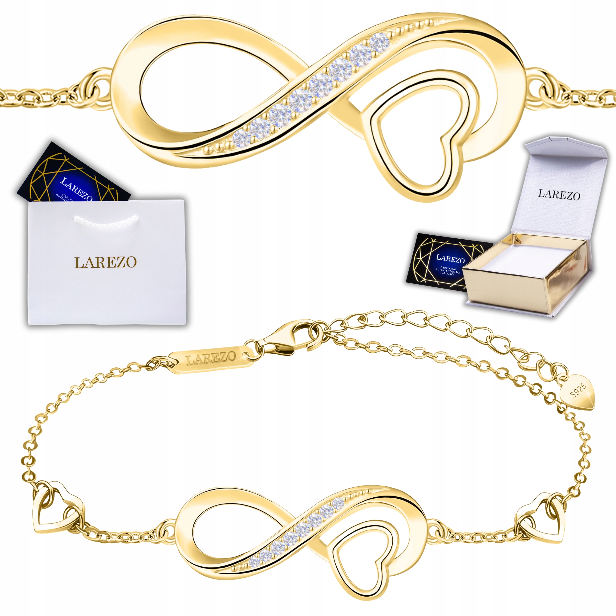 Zlatý náramek Stříbro 925 Zirkony Srdce Nekonečno Pozlacené 585