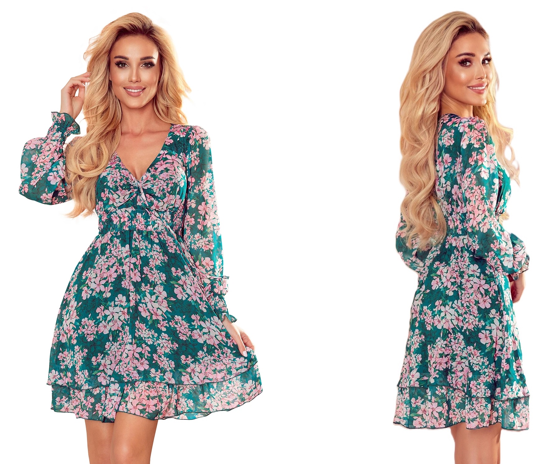 Šifonové Lehké Šaty Se Zavazováním Výstřihu, Růžové Květy Na Zeleném Pozadí