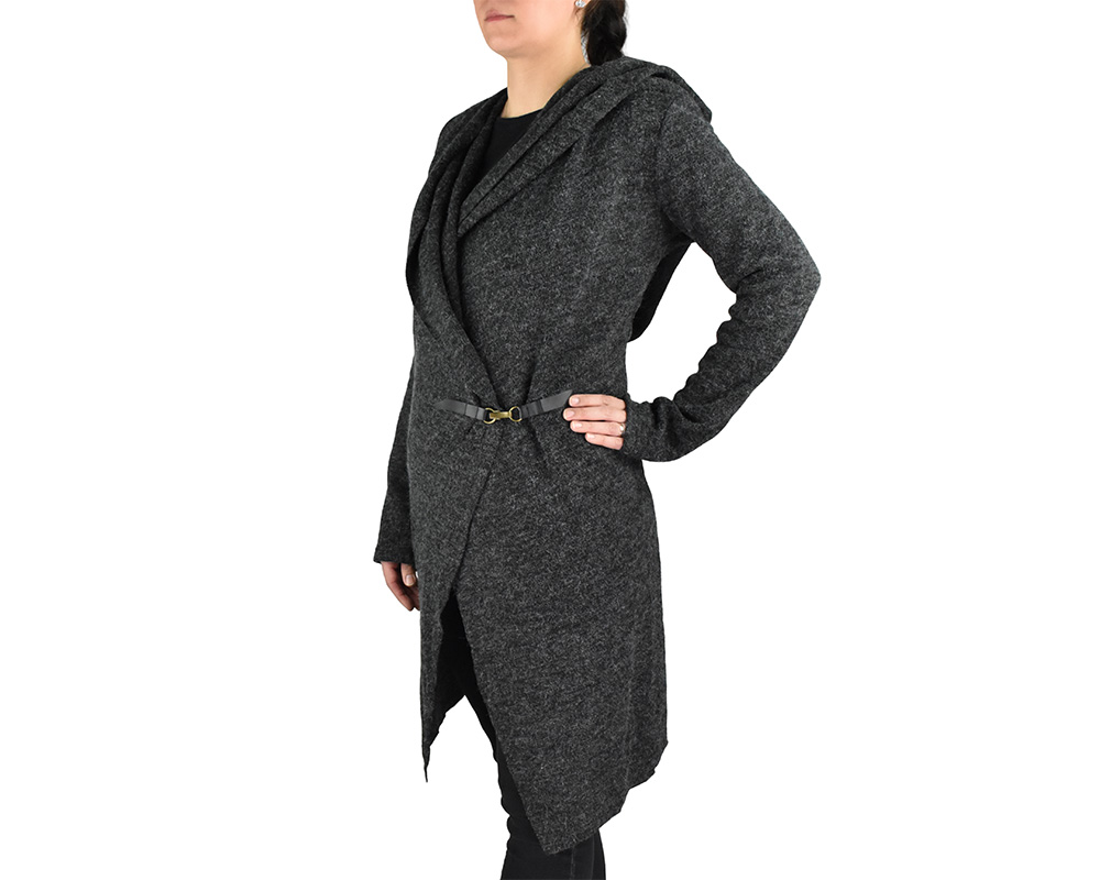 Kardigan Junta, kapuce s ozdobou, černý melír