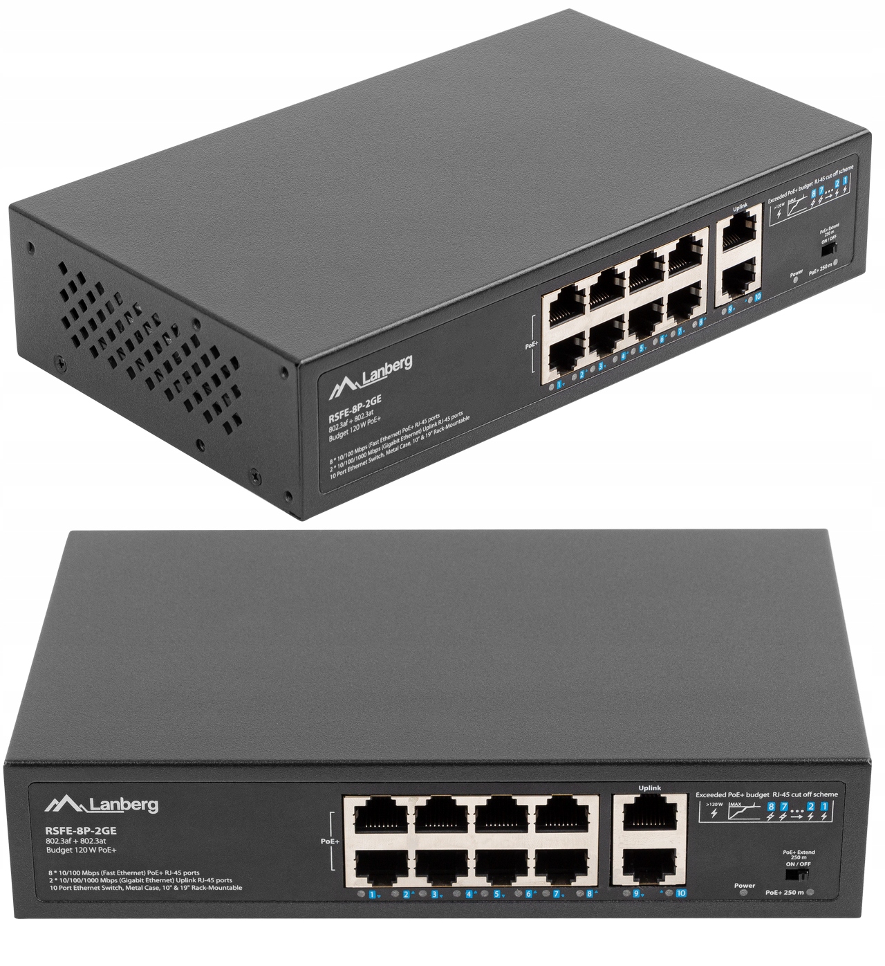 

Switch Rack 8X 100MB POE+/2X 1GB Rack 10' 19' 120W
