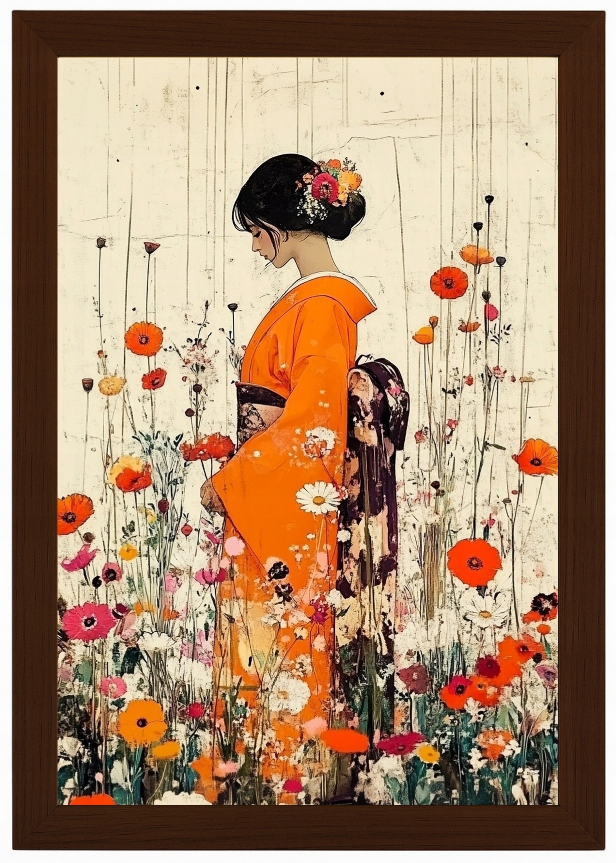 Dřevěný Rámeček Plakát Žena Dívka Japonsko Kimono Květiny 40x60