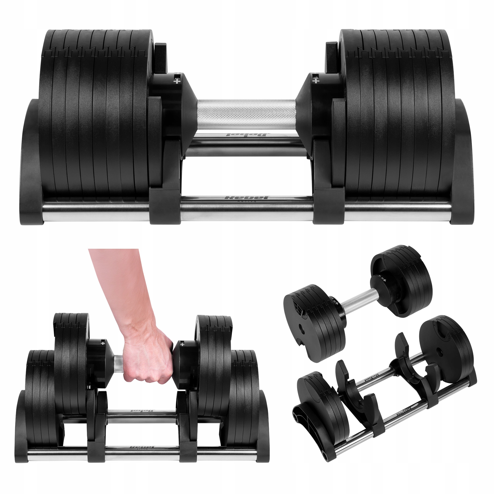 Hantel żeliwny regulowany automat 36 kg skok co 2 kg Rebel