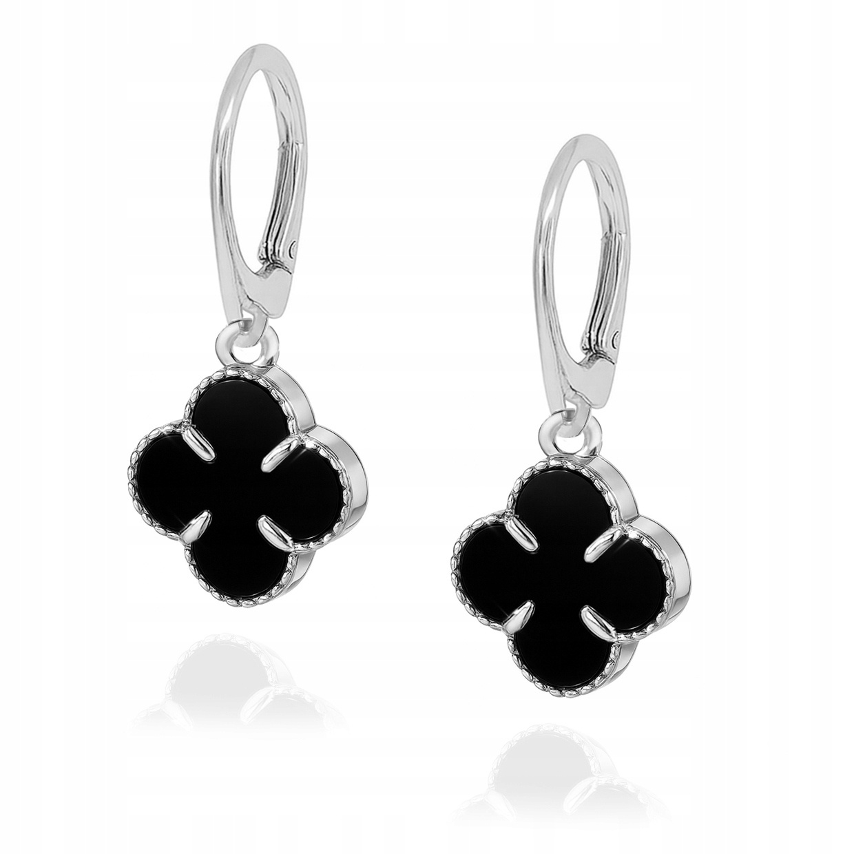 Stříbrné visací náušnice čtyřlístek černý onyx Ag 925