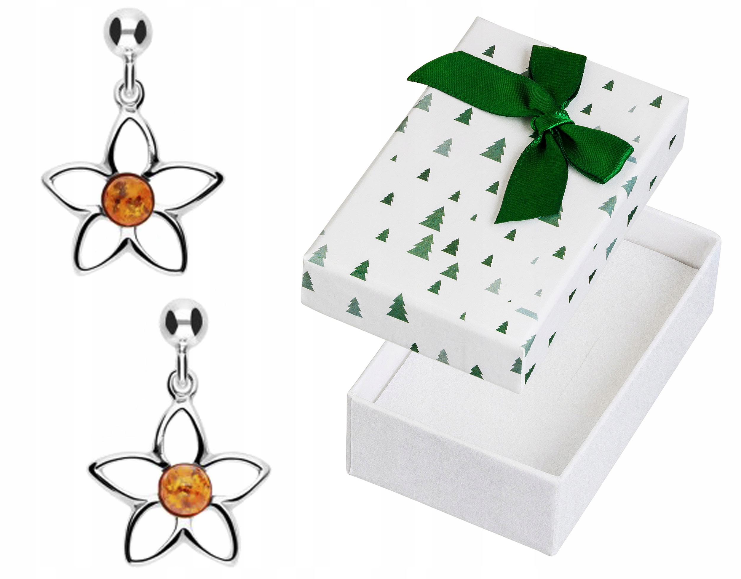 Stříbrné Náušnice Závěsné květiny s jantarem Šroubky Tyčinky Květiny Stříbro