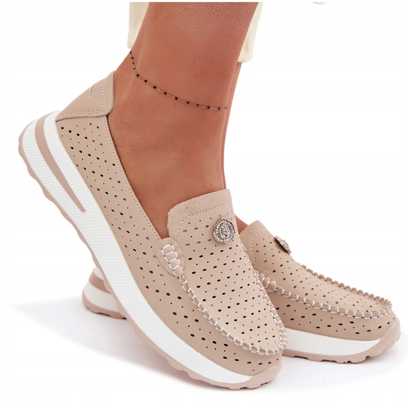 Dámské Lehké Ažurové Mokasíny Pohodlné Comfort Shoes Kůže Béžová 39