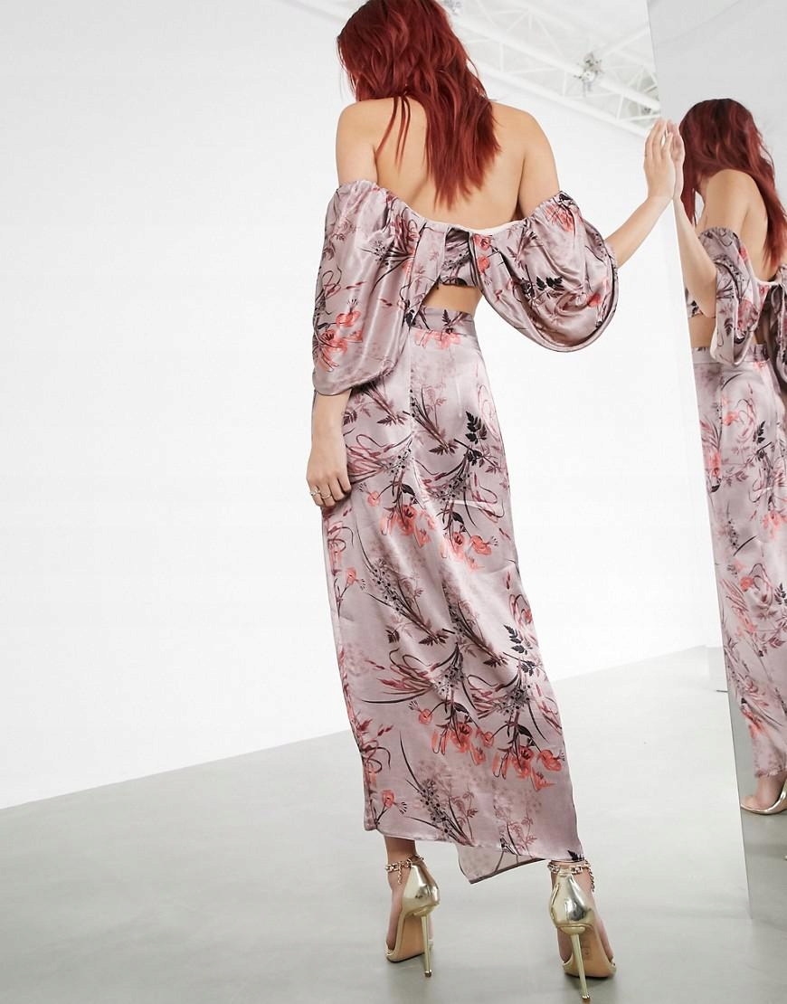 SPÓDNICA SATYNOWA BRĄZOWA PROSTA MAXI 44 XXL 1ACV Wzór dominujący roślinny