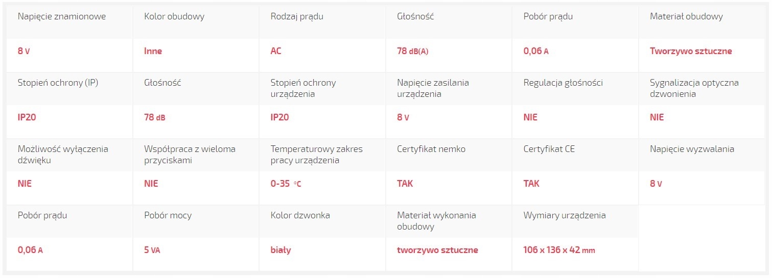 ZAMEL DZWONEK DO DRZWI 8V BIM-BAM BIAŁY GNT-921 Kolor biały