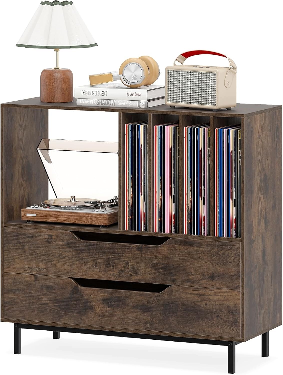 Stojan Na Retro Gramofón Costway Skrinka Na Vinyly 4 Priehradky Hnedá