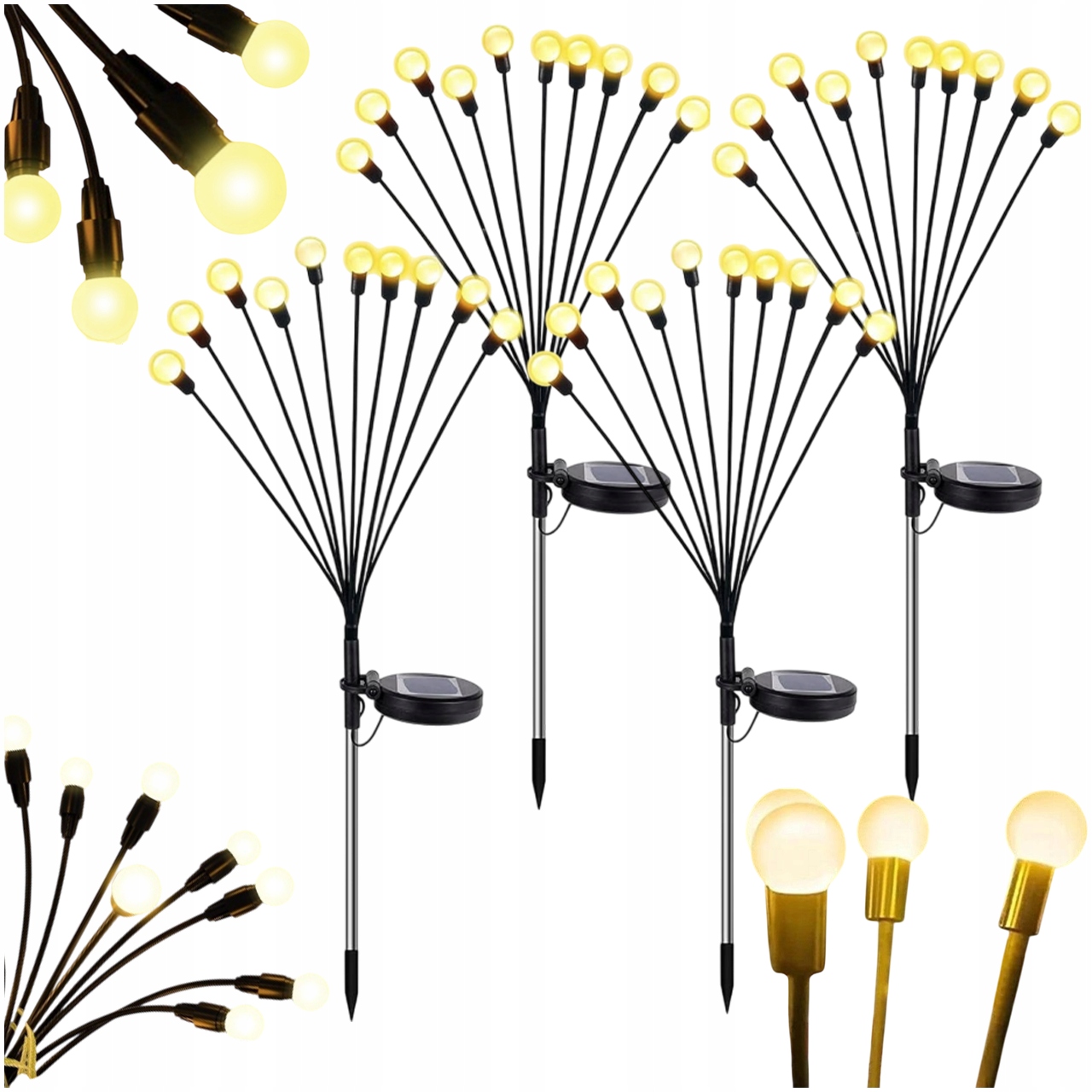 4x Lampa Solarna Wbijana Czarny 10LED Kulki Biały Ciepły 65 CM IP65