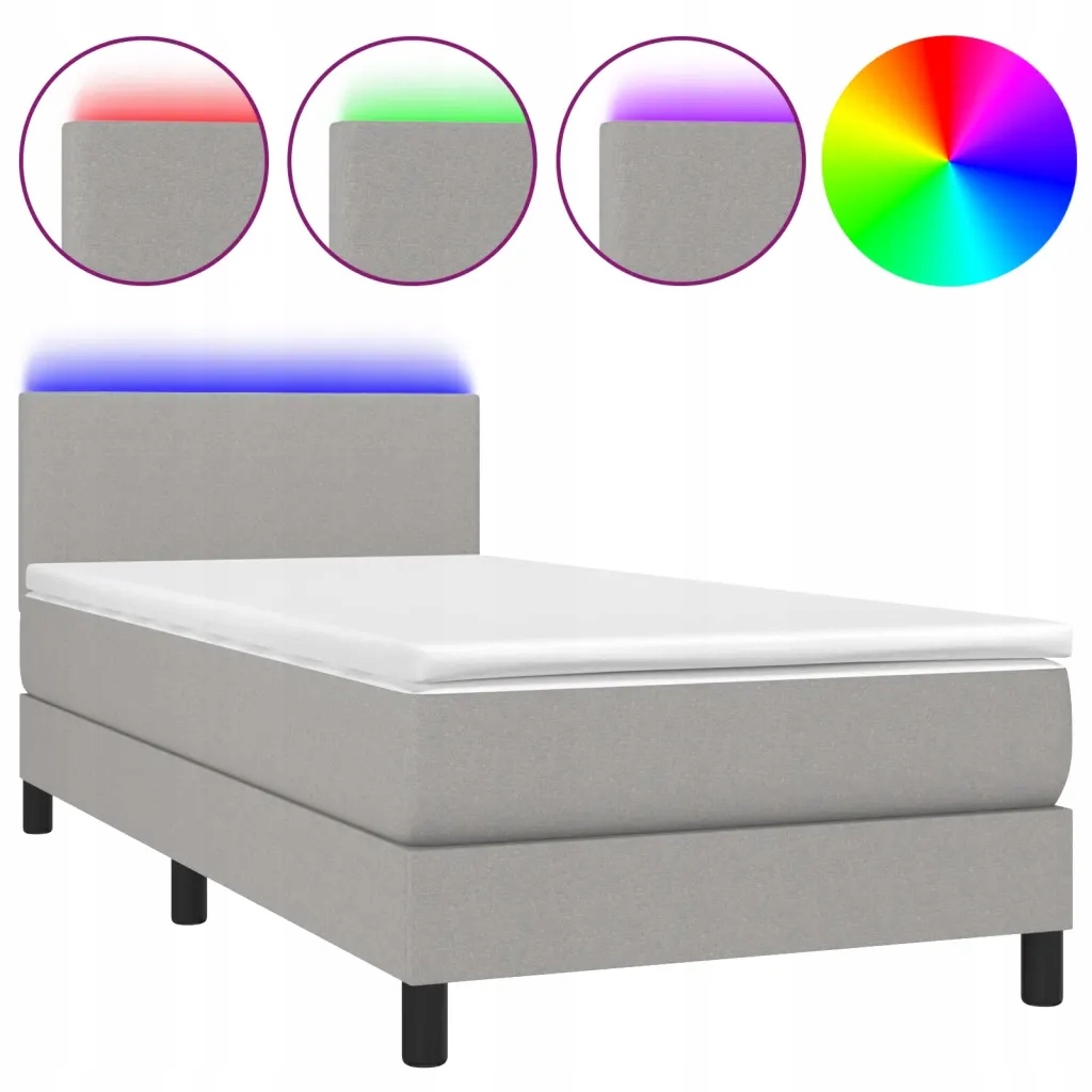 Kontinentální postel s matrací a Led diodami, světle šedá, 203 x 90 x 78/88 cm