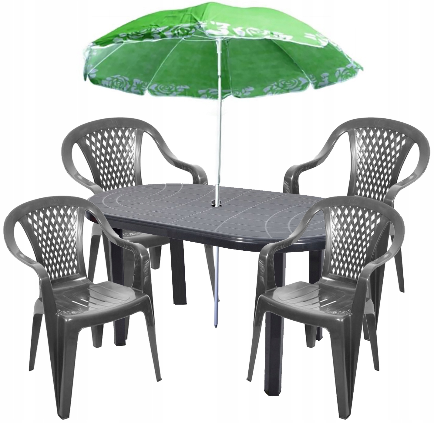 ZESTAW 4+1 PARASOL KRZESŁA STÓŁ GRAFITOWY