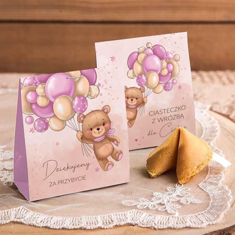 CIASTECZKA z wróżbą na Chrzest i Roczek Miś i baloniki róż 12szt Marka bez marki