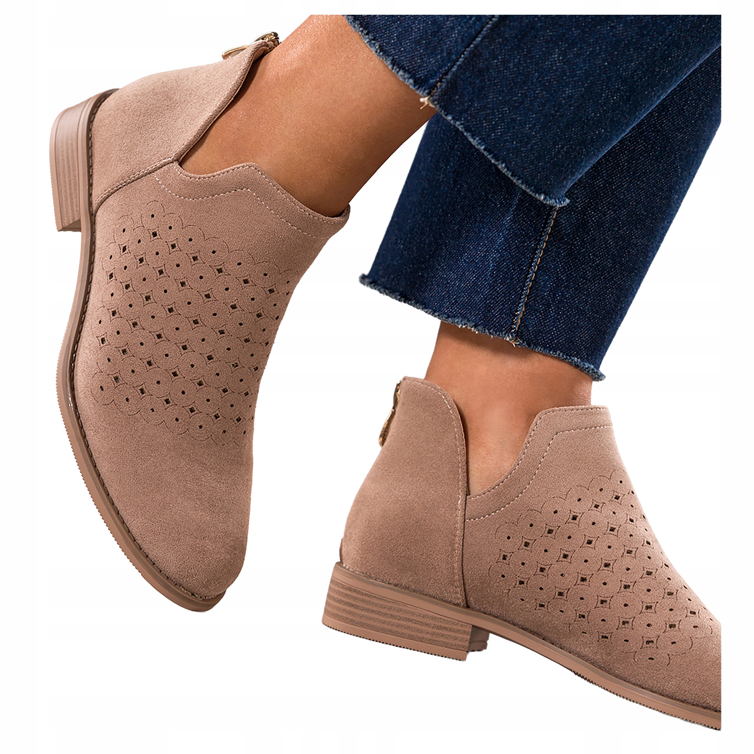 Béžové dámské kotníkové boty Ažurové Vykrojené Svršek Zámek na patě Ploché vel. 39