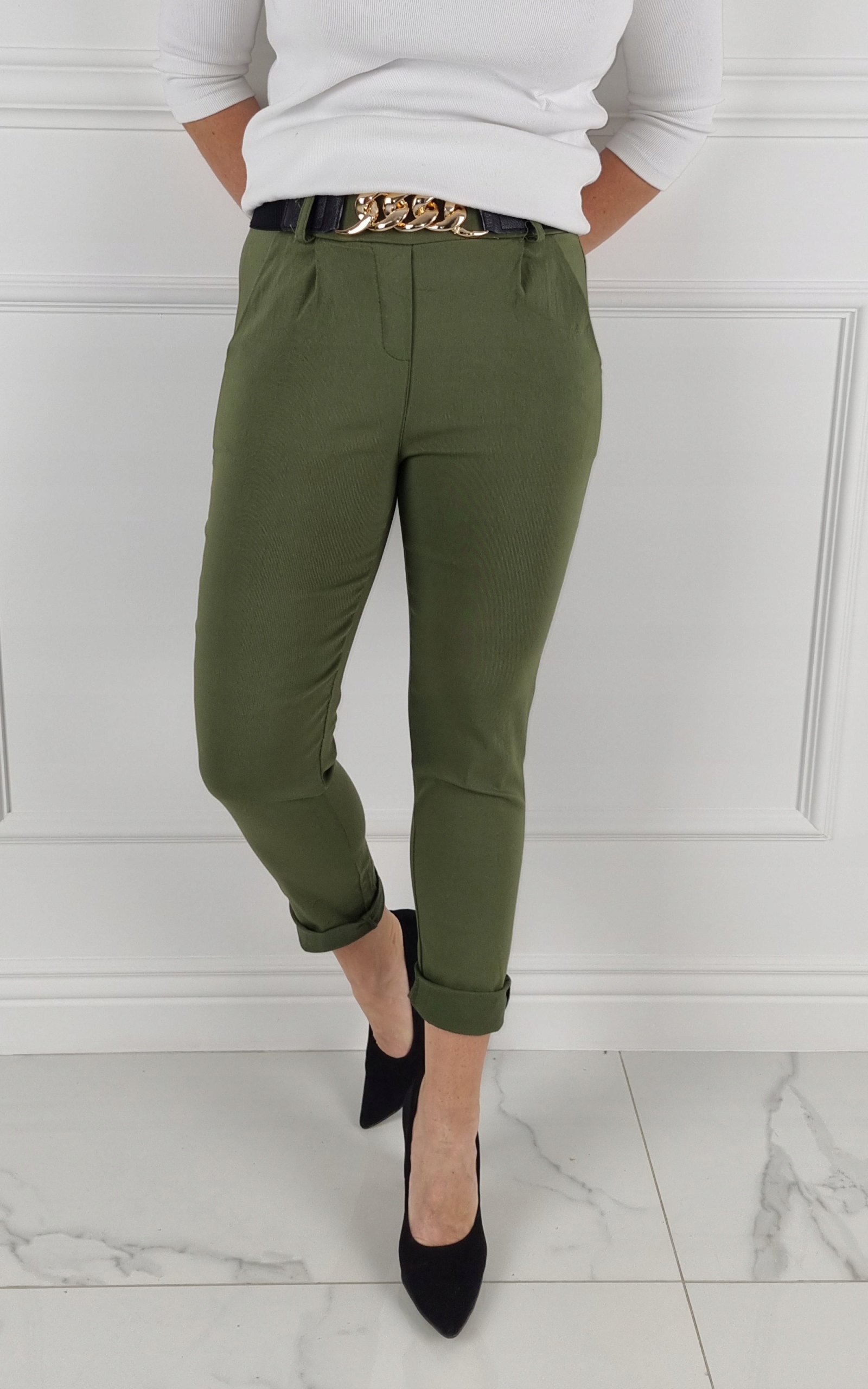 #ELASTYCZNE - SPODNIE - DAMSKIE - W GUMKĘ - PASEK# Kolor zielony