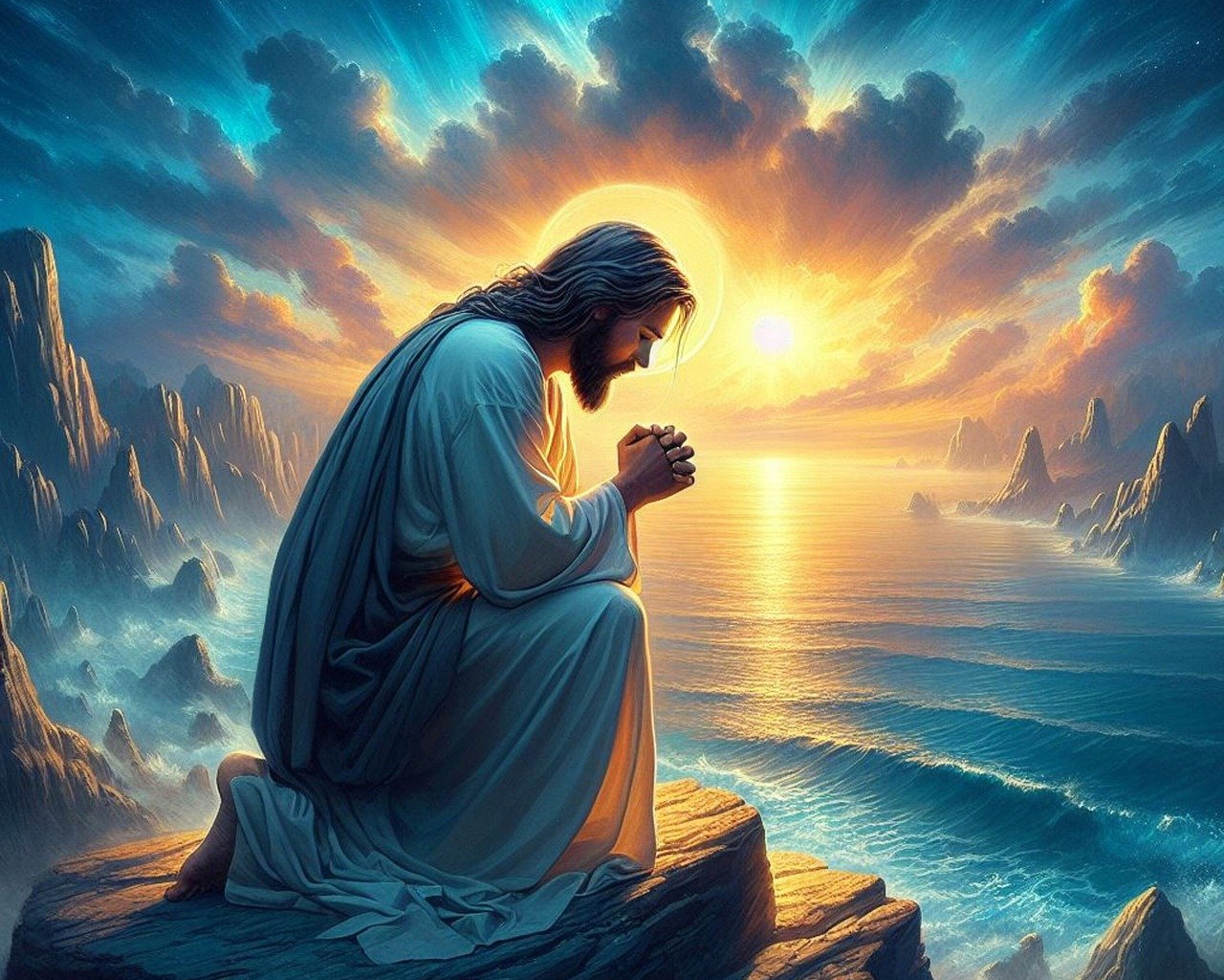 Diamantová výšivka Ježíš Náboženství Modlitba Hory Náboženský západ Velký 80x100 cm