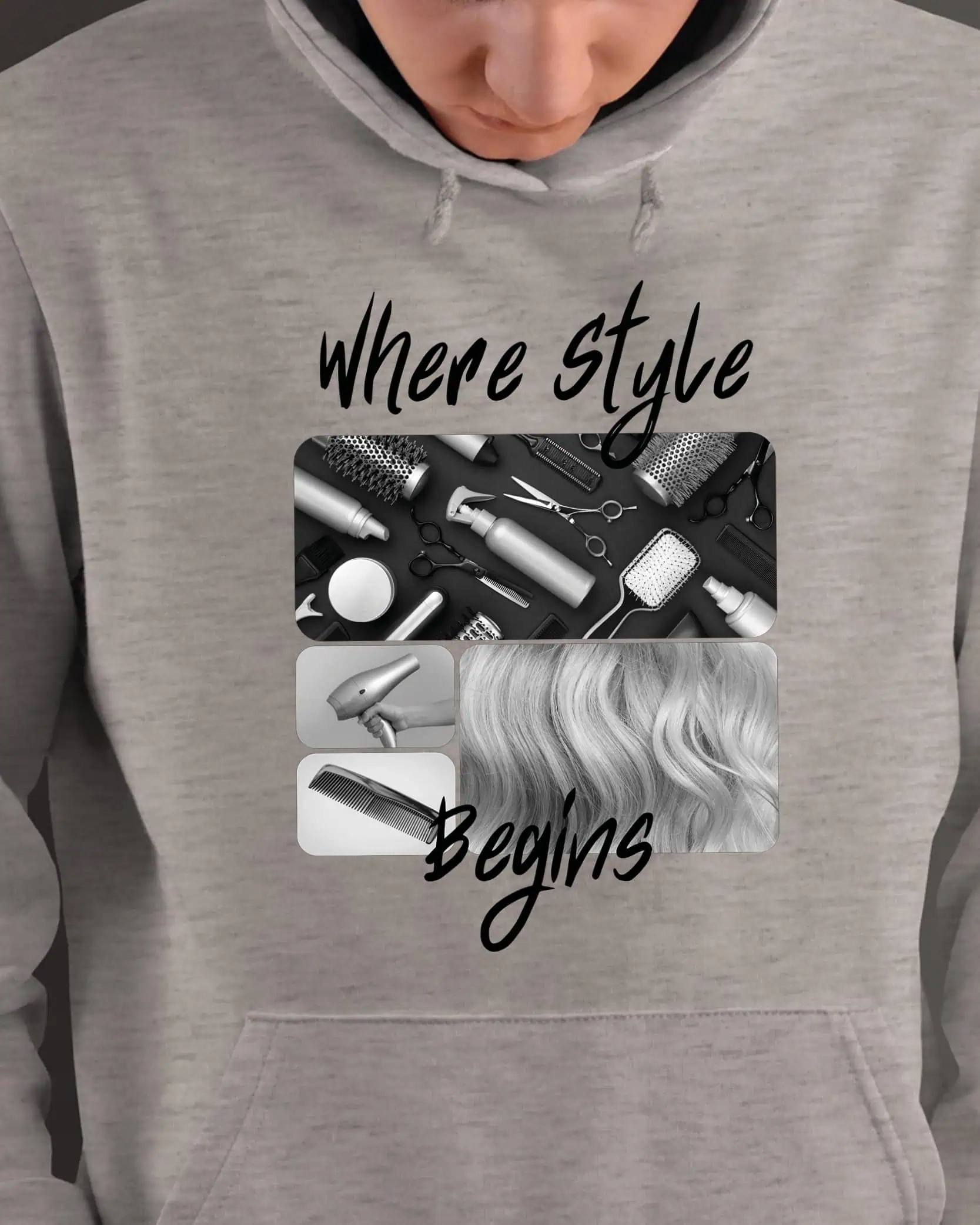Mikina s kapucí Dárek pro kadeřníka Umělecká koláž Šedá L