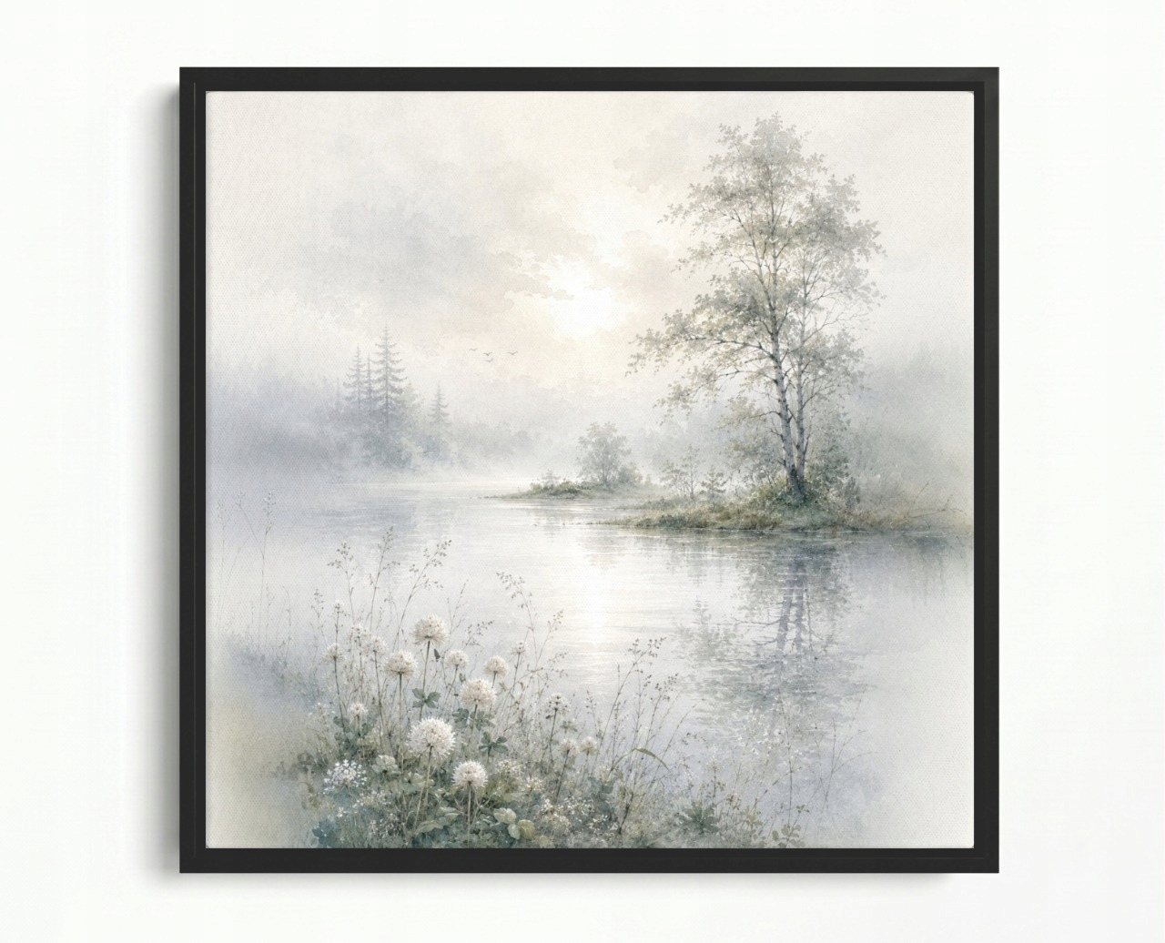 Obraz Rám Americký Box Krajina Řeka Břeh Stromu Ráno Úsvit Mlhy 40x40