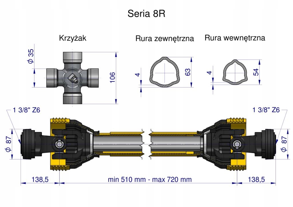 Wał przegubowo-teleskopowy 510-720mm 1240Nm CE 2020 seria 8R Waryński Marka maszyny Inna