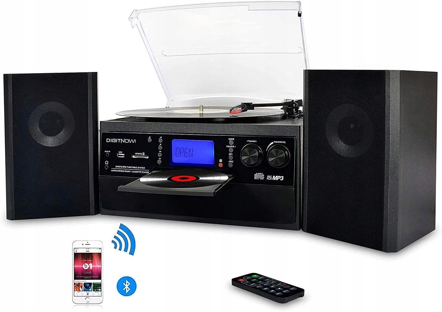 Gramofon Bluetooth Digitnow radio AM/FM i wejście Aux z portem USB głośniki