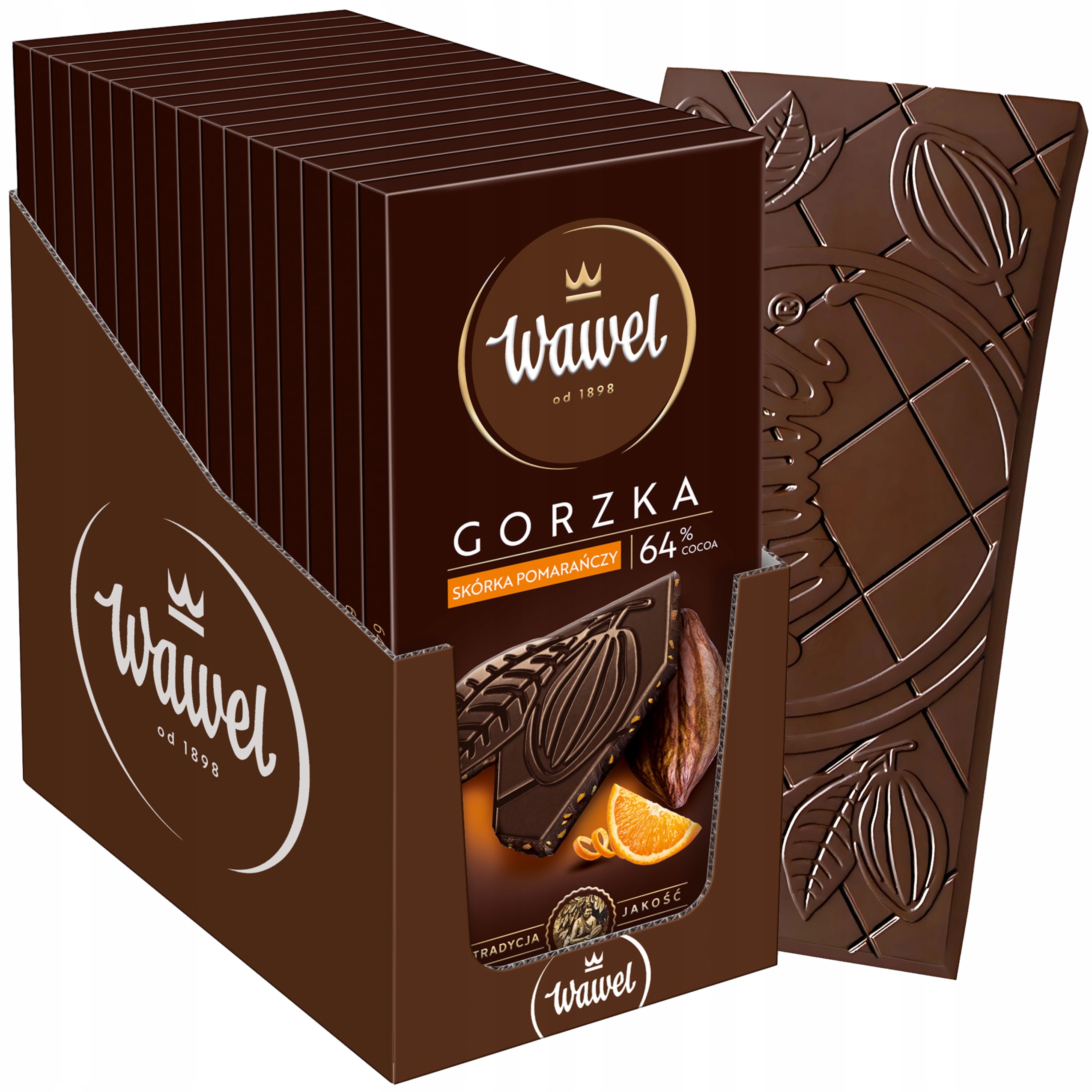 Czekolada Gorzka 64% z pomarańczą Tabliczka Premium Wawel 90g 16 sztuk