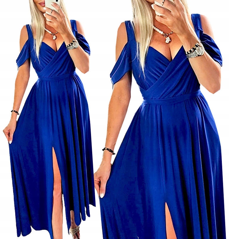 Sukienka Na Wesele Długa Niebieska Chabrowa Kopertowa Z Marszczeniem