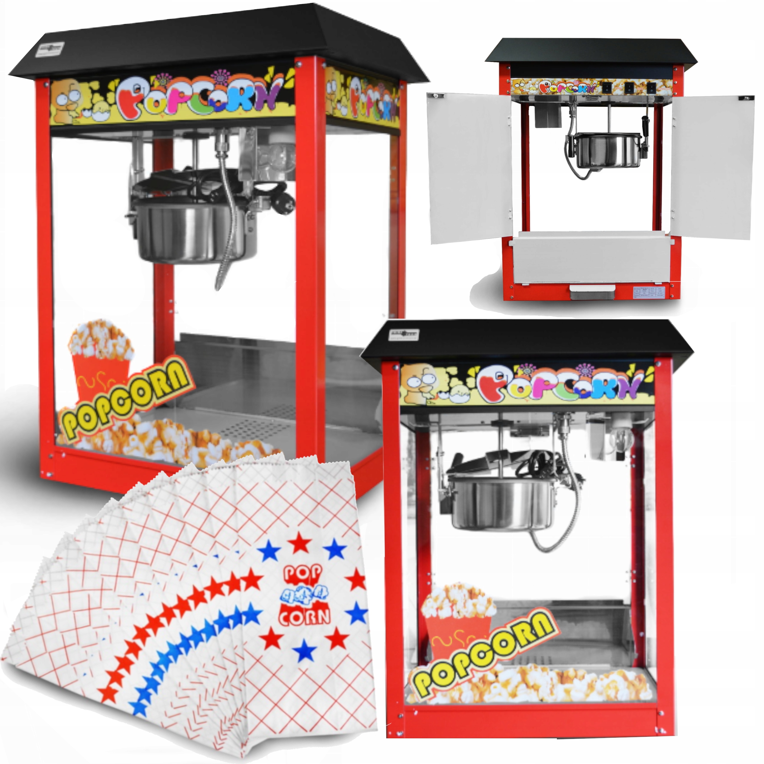 ZESTAW MASZYNA DO POPCORNU duża kinowaTOREBKI NA POPCORN 22x10cm 1,44kW