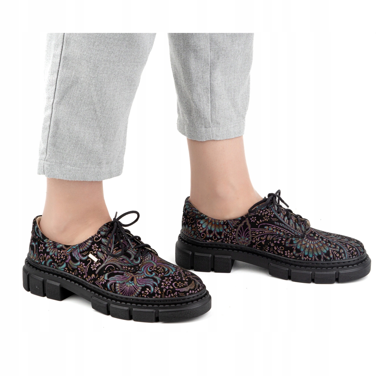 Dámské kožené polobotky na silné podrážce s květinami 1134 tyrkysové 37