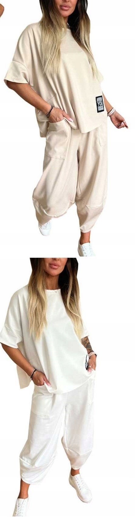 WŁOSKI ELEGANCKI KOMPLET BAWEŁNIANY BLUZKA SPODNIE DRESOWY OVERSIZE M