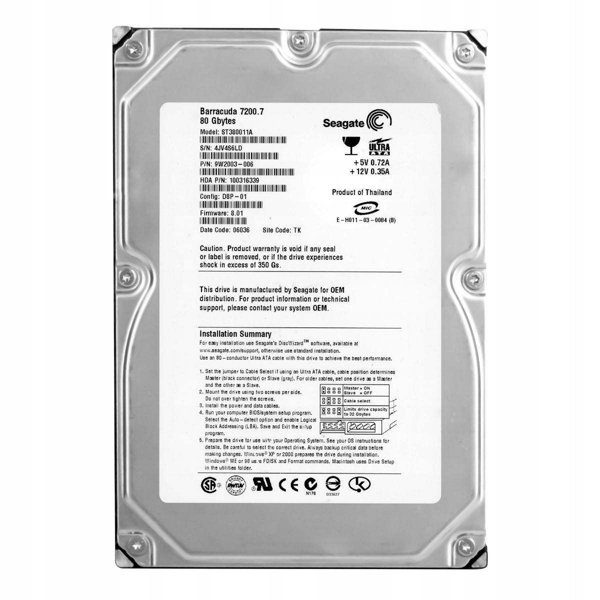 SEAGATE BARRACUDA 80GB ATA 7.2K 2MB 3.5' ST380011A
