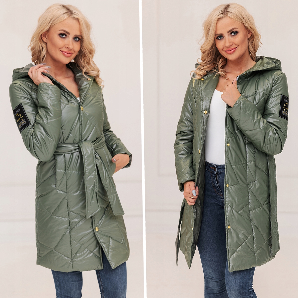 DŁUGI PIKOWANY PŁASZCZ Z PASKIEM PRZEJŚCIOWY XXL Kolekcja jesienny przejściowy