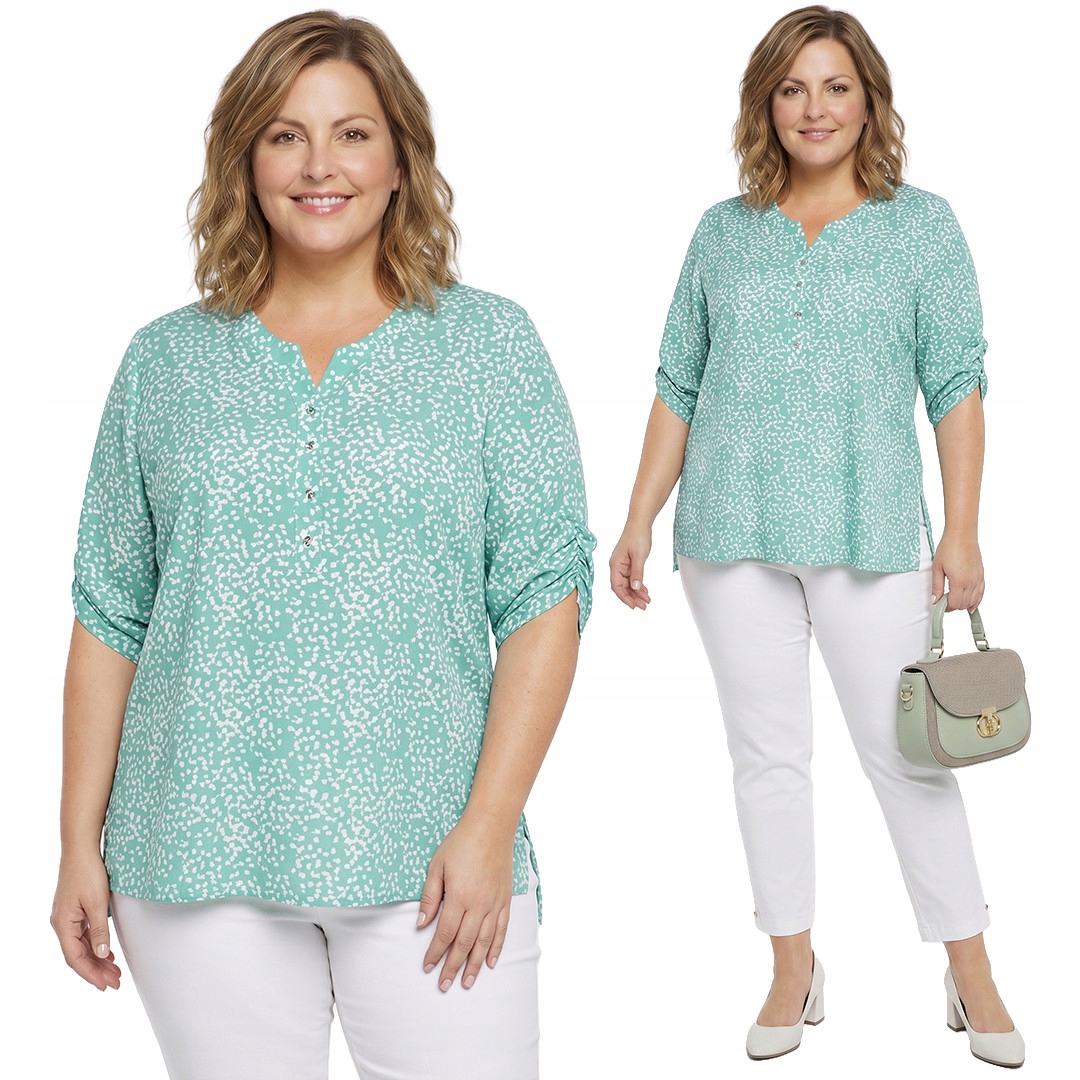 Světle tyrkysová halenka s bílými vzory plus size velikost 50