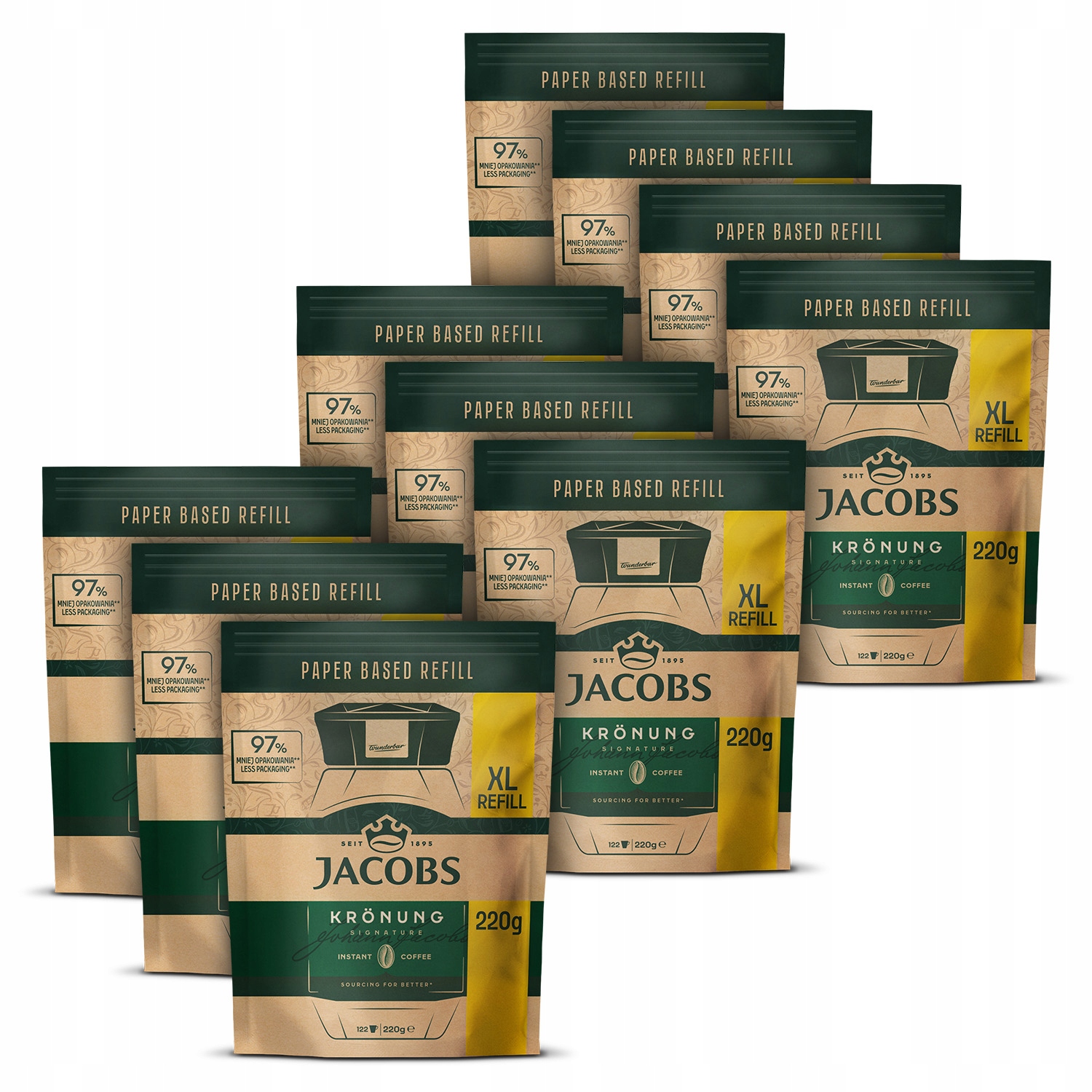 Zestaw kawa rozpuszczalna Jacobs Kronung refill XL zapas dosypka 10x 220g