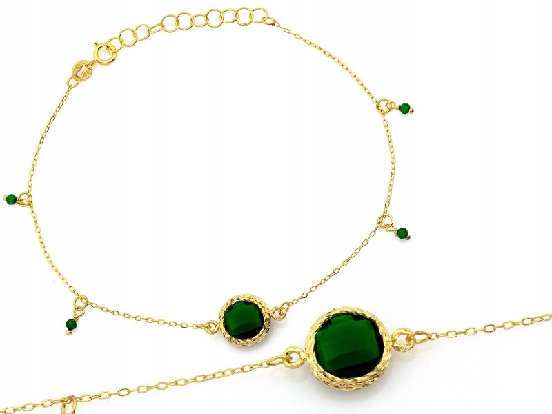 Zlatý náramek 585 s řetízky a zelenými kameny a přívěsky
