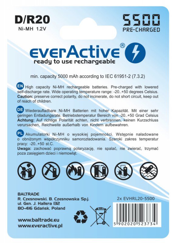 Akumulatorek everActive R20 D 5500 mAh R2U JAKOŚĆ Kod producenta AAEVHRL20-5500B2