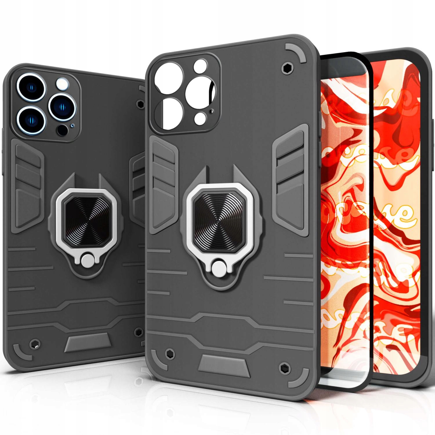 Etui Pancerne Do Iphone 13 Pro Max Czarne Obudowa Armor Holder Ring Szkło
