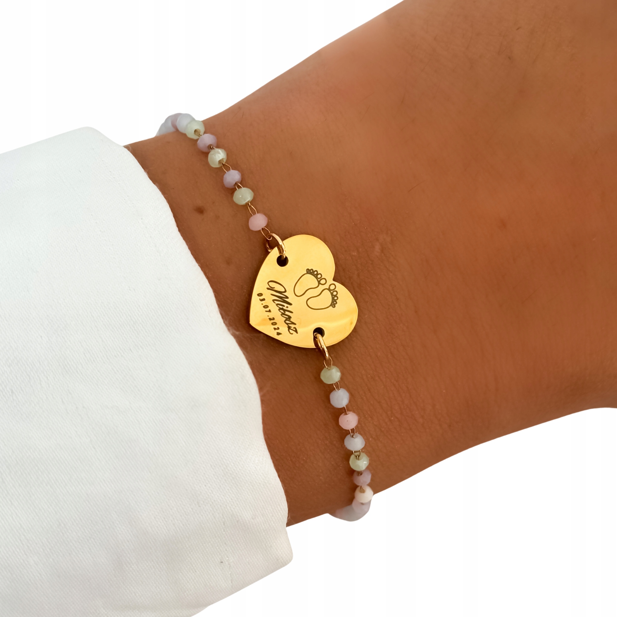 Bransoletka z grawerem stópki imię data personalizacja koraliki dla mamy