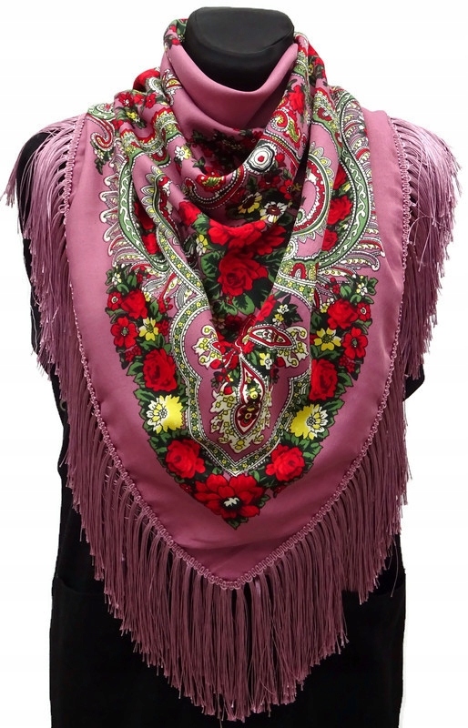 Chusta góralska ludowa apaszka kwiaty folk różowa