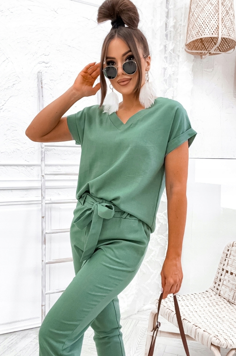 ELEGANCKI KOMPLET LNIANY DAMSKI BLUZKA KRÓTKI RĘKAW I SPODNIE ZIELONY L Marka inna