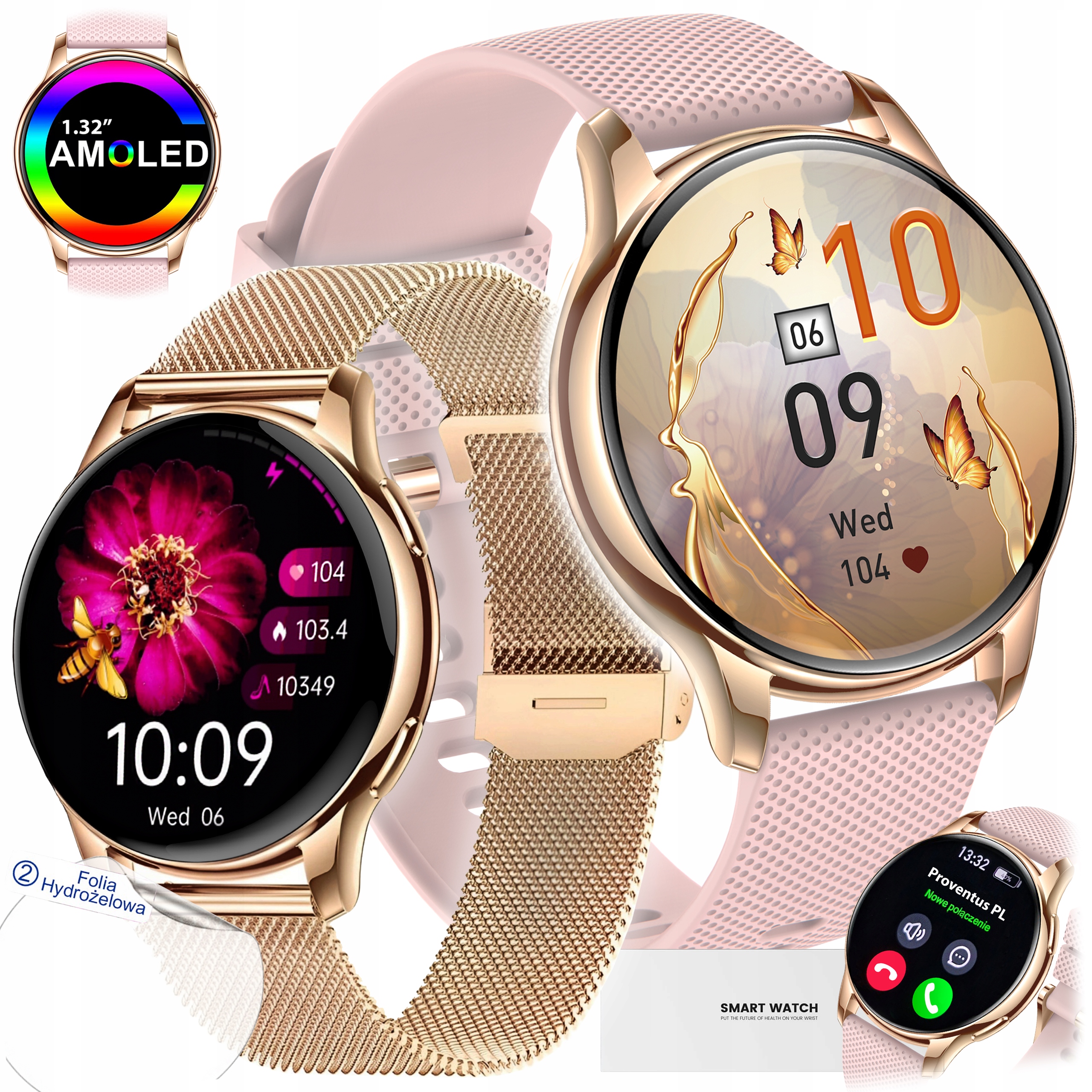 SMARTWATCH DAMSKI AMOLED ROZMOWY SPORT PULS POMIARY PL SMART WATCH ZŁOTY