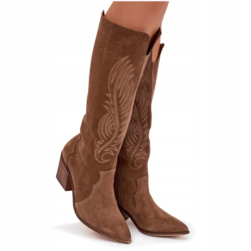 Dámské Semišové Kozačky Kovbojské Boty Na Podpatku Zazoo 3152 Béžové 40